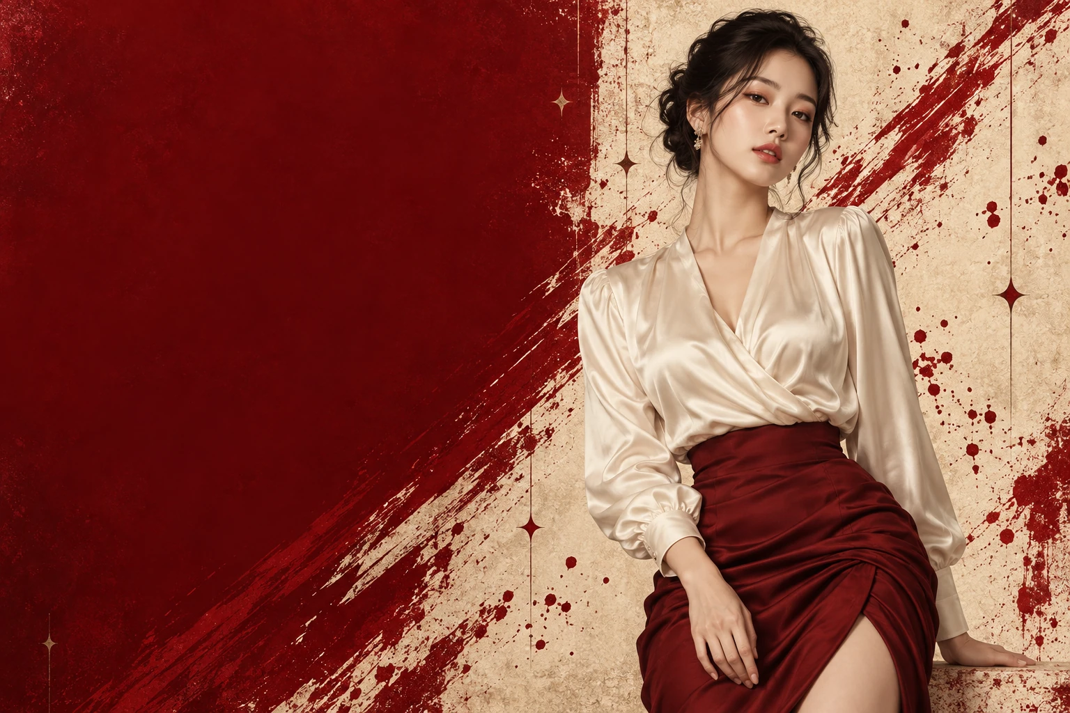 레드와 크림의 붓 터치 배경 속 크림 새틴 블라우스와 레드 스커트의 AI 패션 모델